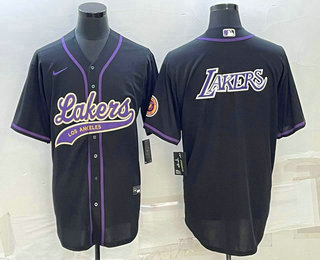 Men%27s Los Angeles Lakers Black Big Logo Cool Base Stitched Baseball Jersey
